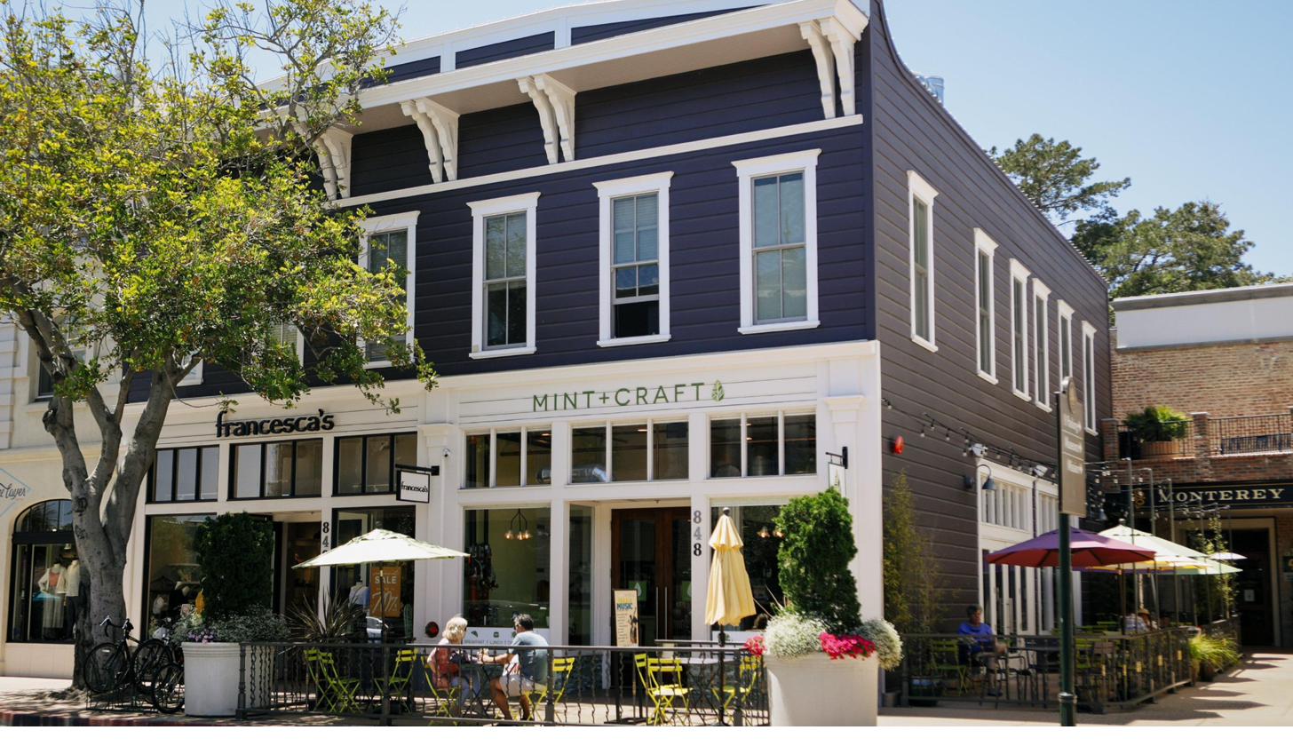Mint Craft Cafe exterior at twilight
